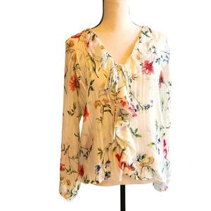 WHBM Floral Ruffle V-Neck Blouse, Sz. XS